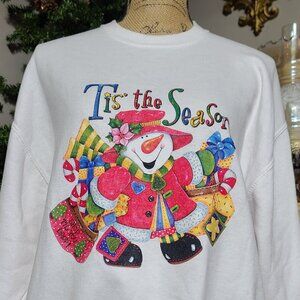 Vintage Style JERZEES Women's Large White Christmas Snowman Shopping Sweatshirt
